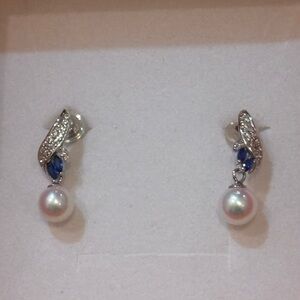 White Pearl Sterling Silver Earrings And Blue Gemstone